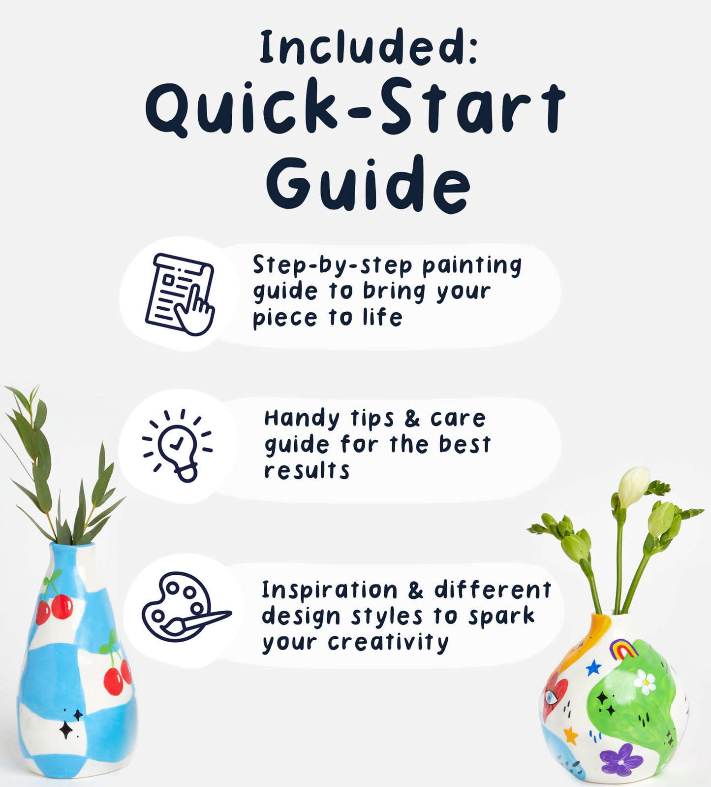 Colorful floral-patterned vase on a pink background with assorted decorative objects including heart shapes and disco balls.