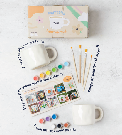 Quick-Start Guide with two hand-painted ceramic mugs, featuring colorful fruit and leaf designs.